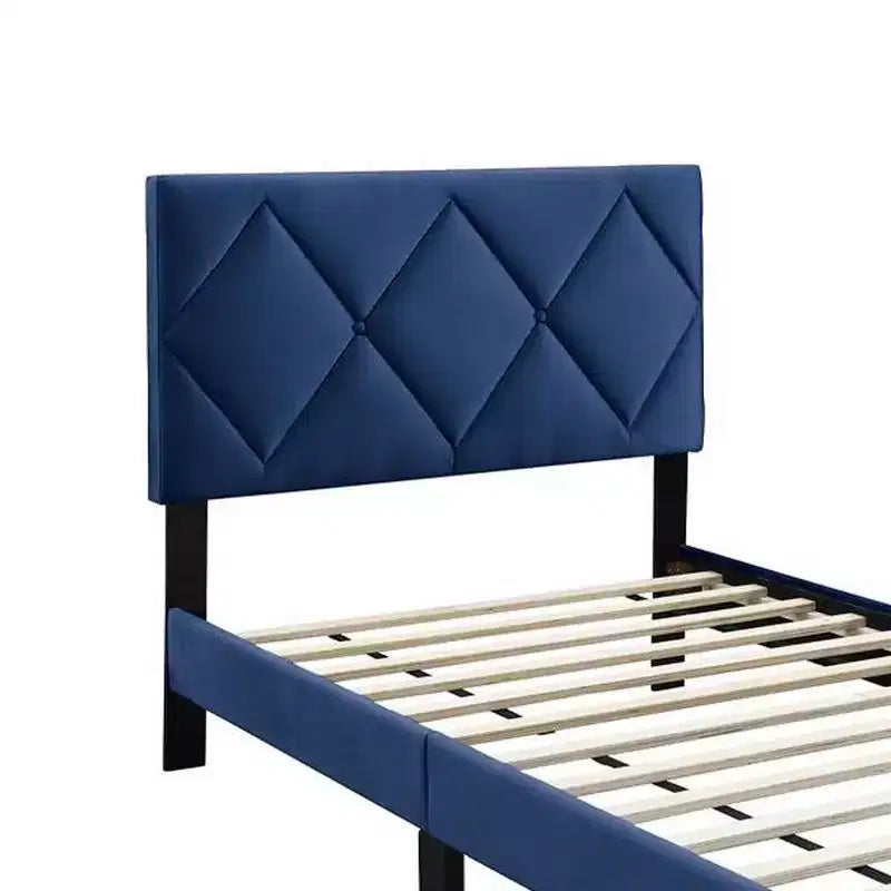 Letto singolo in velluto blu navy, testiera trapuntata a rombi, 1 persona