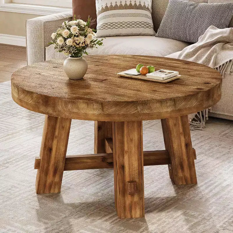 Lantine 31.5-Inch Solid Wood Coffee Table, Round Center Table with Thickened Tabletop for Living Room, Apartment, Small Space