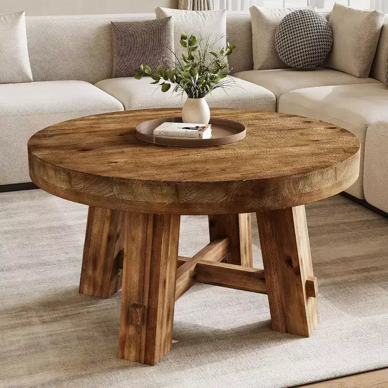 Tavolino da Caffè Rotondo Marrone in Legno Massello, 80 cm, 4 gambe, per 1–2 persone