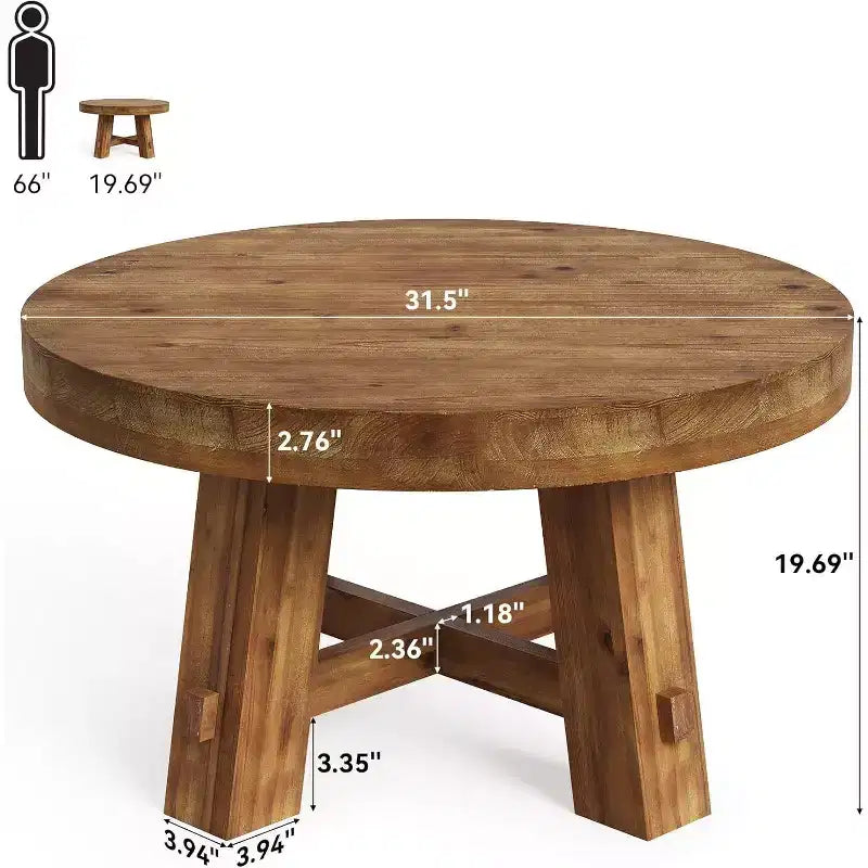Tavolino da Caffè Rotondo Marrone in Legno Massello, 80 cm, 4 gambe, per 1–2 persone