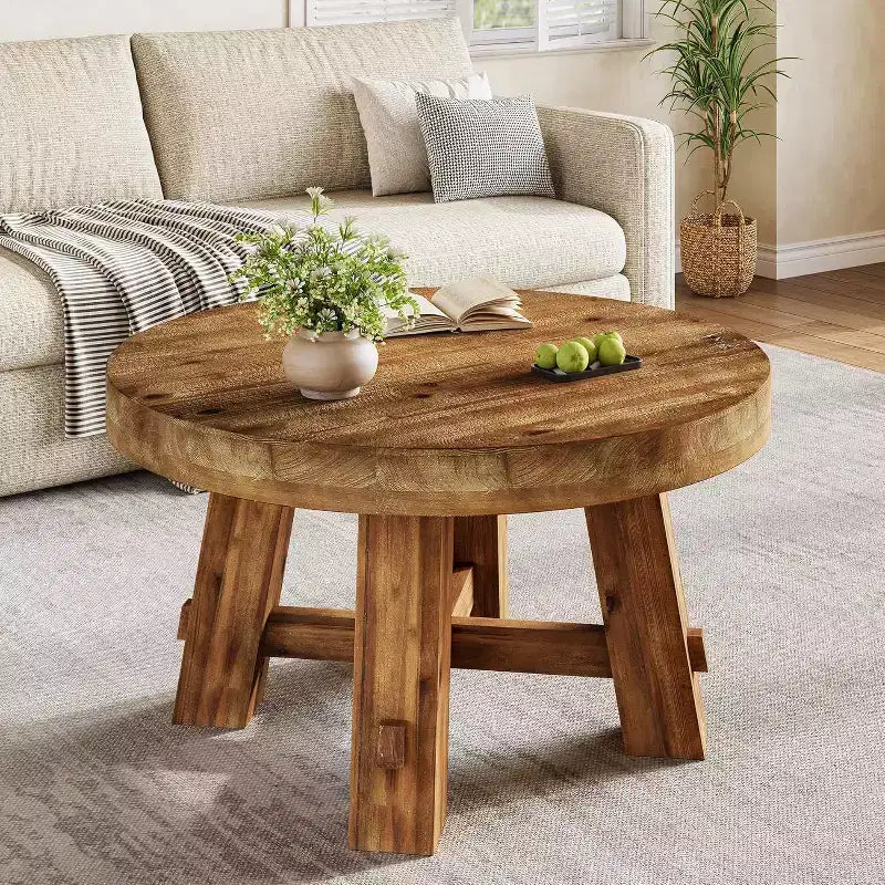 Tavolino da Caffè Rotondo Marrone in Legno Massello, 80 cm, 4 gambe, per 1–2 persone
