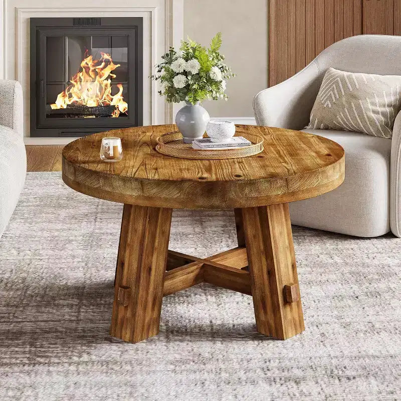 Tavolino da Caffè Rotondo Marrone in Legno Massello, 80 cm, 4 gambe, per 1–2 persone