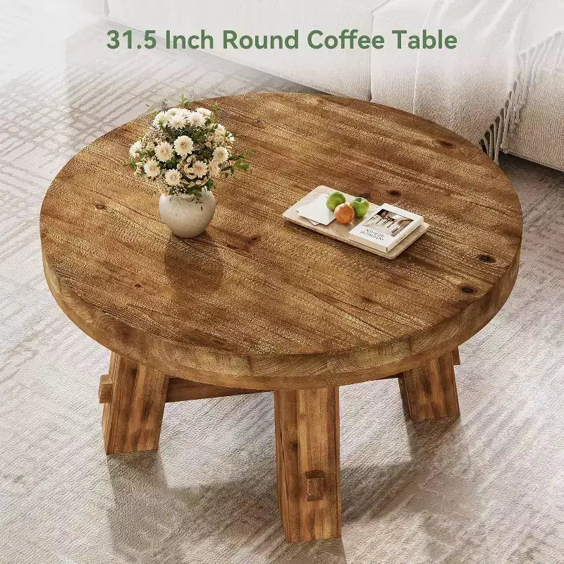 Tavolino da Caffè Rotondo Marrone in Legno Massello, 80 cm, 4 gambe, per 1–2 persone