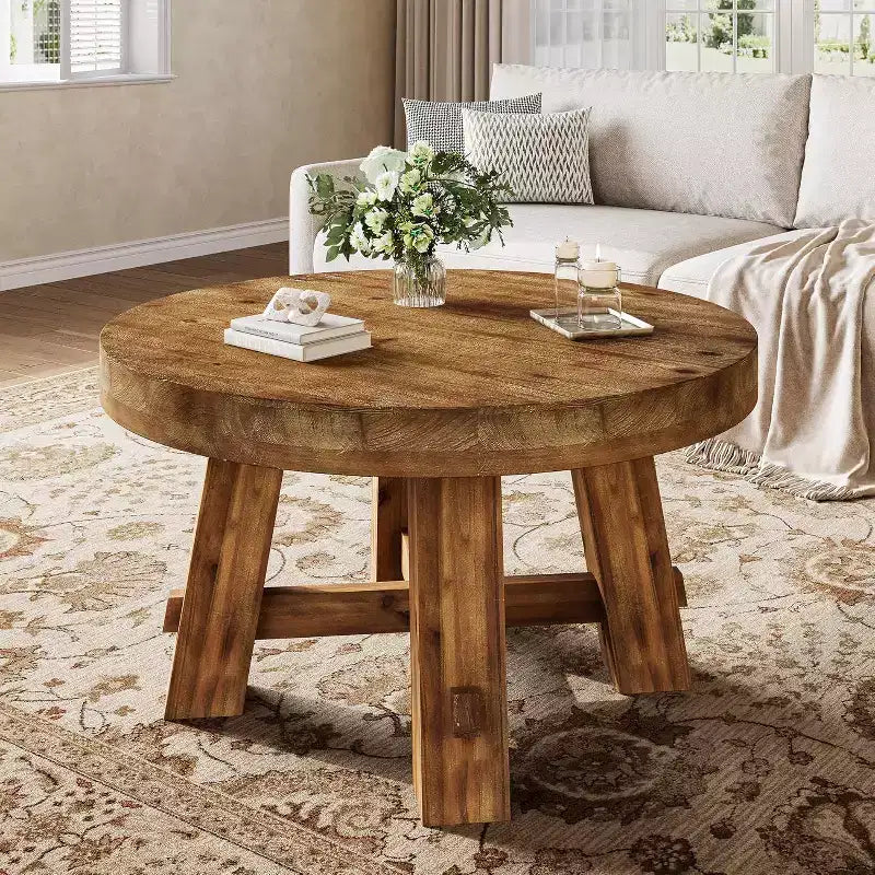 Tavolino da Caffè Rotondo Marrone in Legno Massello, 80 cm, 4 gambe, per 1–2 persone