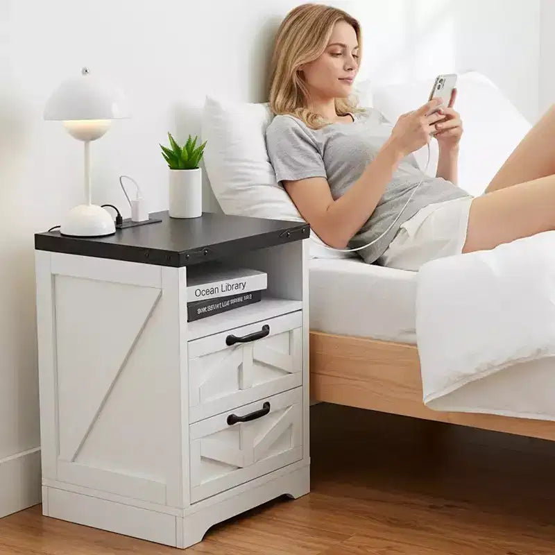 Farmhouse Nightstand with Built-in Charging Station, 2-Drawer End Table with USB Ports & Outlets for Bedroom or Living Room  White