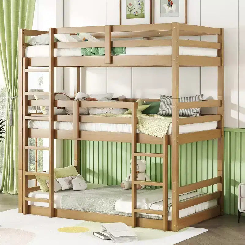 Letto a castello triplo naturale, legno massello, 3 posti letto