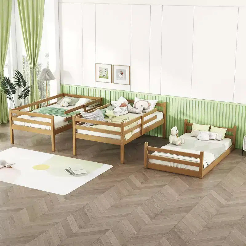 Letto a castello triplo naturale, legno massello, 3 posti letto