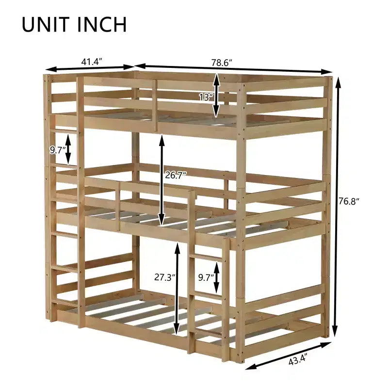 Letto a castello triplo naturale, legno massello, 3 posti letto