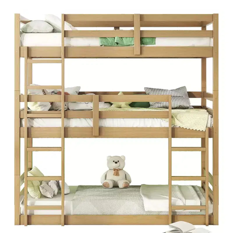 Letto a castello triplo naturale, legno massello, 3 posti letto