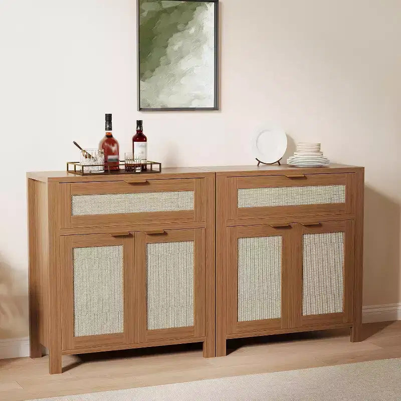 Madia credenza con cassetto e ante in rattan rovere scuro / rovere chiaro