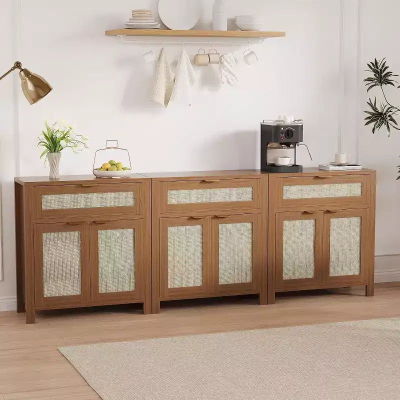 Madia credenza con cassetto e ante in rattan rovere scuro / rovere chiaro
