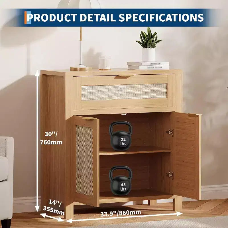 Madia credenza con cassetto e ante in rattan rovere scuro / rovere chiaro