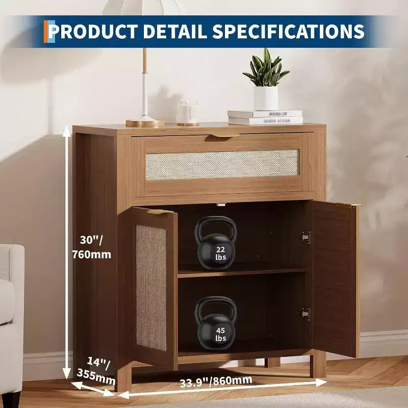 Madia credenza con cassetto e ante in rattan rovere scuro / rovere chiaro