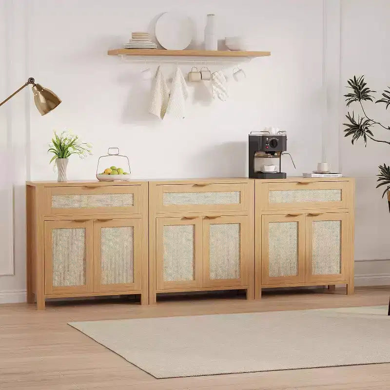 Madia credenza con cassetto e ante in rattan rovere scuro / rovere chiaro