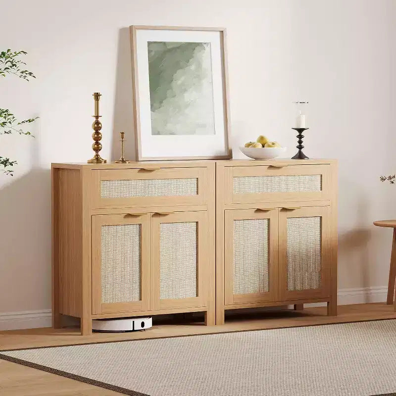 Madia credenza con cassetto e ante in rattan rovere scuro / rovere chiaro