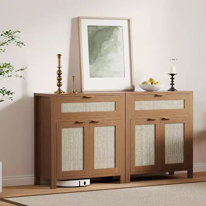 Madia credenza con cassetto e ante in rattan rovere scuro / rovere chiaro