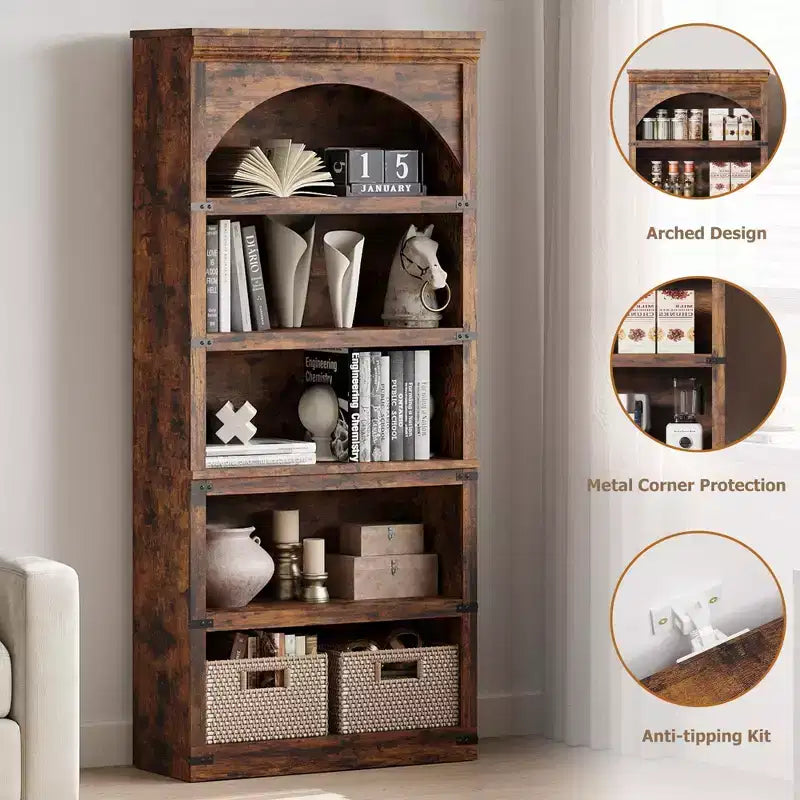 Libreria ad arco a 5 ripiani, colore nero/marrone/grigio/bianco/legno, singola, altezza 174,5 cm