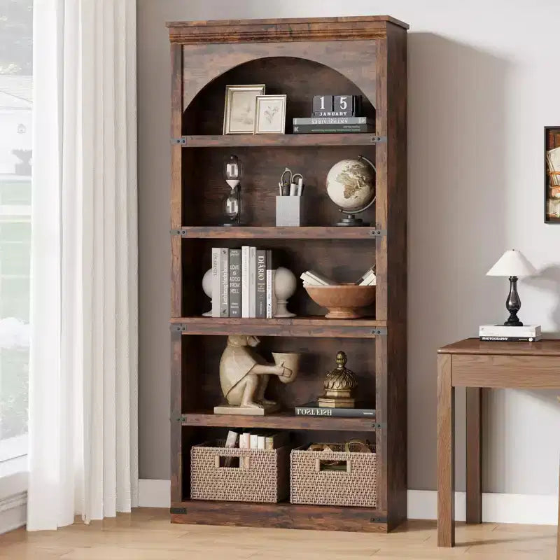 Libreria ad arco a 5 ripiani, colore nero/marrone/grigio/bianco/legno, singola, altezza 174,5 cm