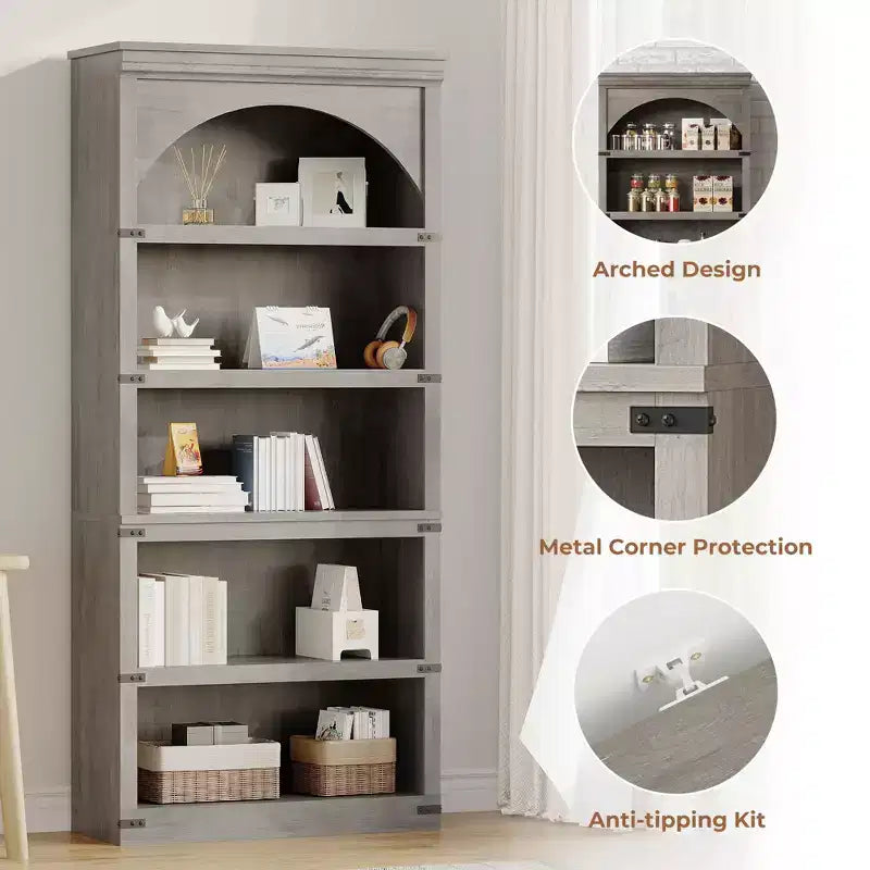 Libreria ad arco a 5 ripiani, colore nero/marrone/grigio/bianco/legno, singola, altezza 174,5 cm