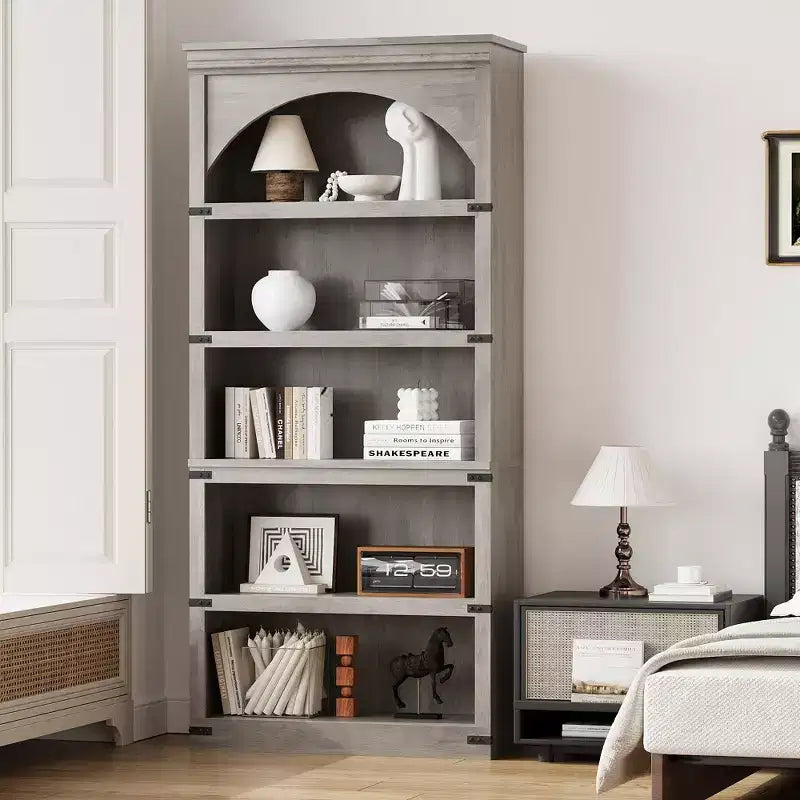 Libreria ad arco a 5 ripiani, colore nero/marrone/grigio/bianco/legno, singola, altezza 174,5 cm