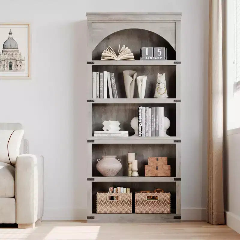 Libreria ad arco a 5 ripiani, colore nero/marrone/grigio/bianco/legno, singola, altezza 174,5 cm