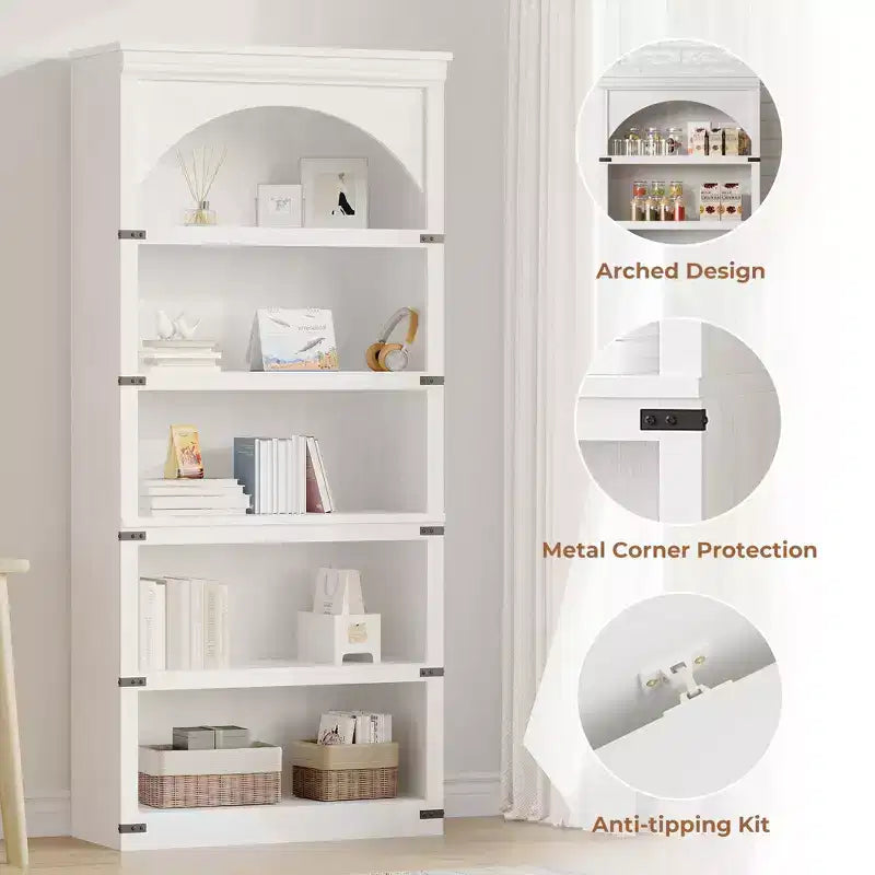 Libreria ad arco a 5 ripiani, colore nero/marrone/grigio/bianco/legno, singola, altezza 174,5 cm