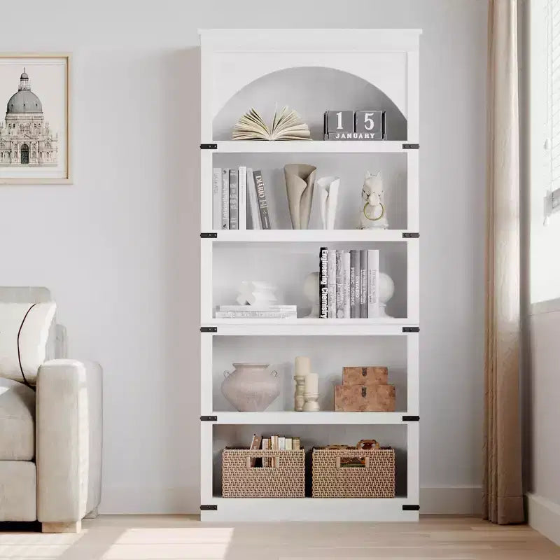 Libreria ad arco a 5 ripiani, colore nero/marrone/grigio/bianco/legno, singola, altezza 174,5 cm