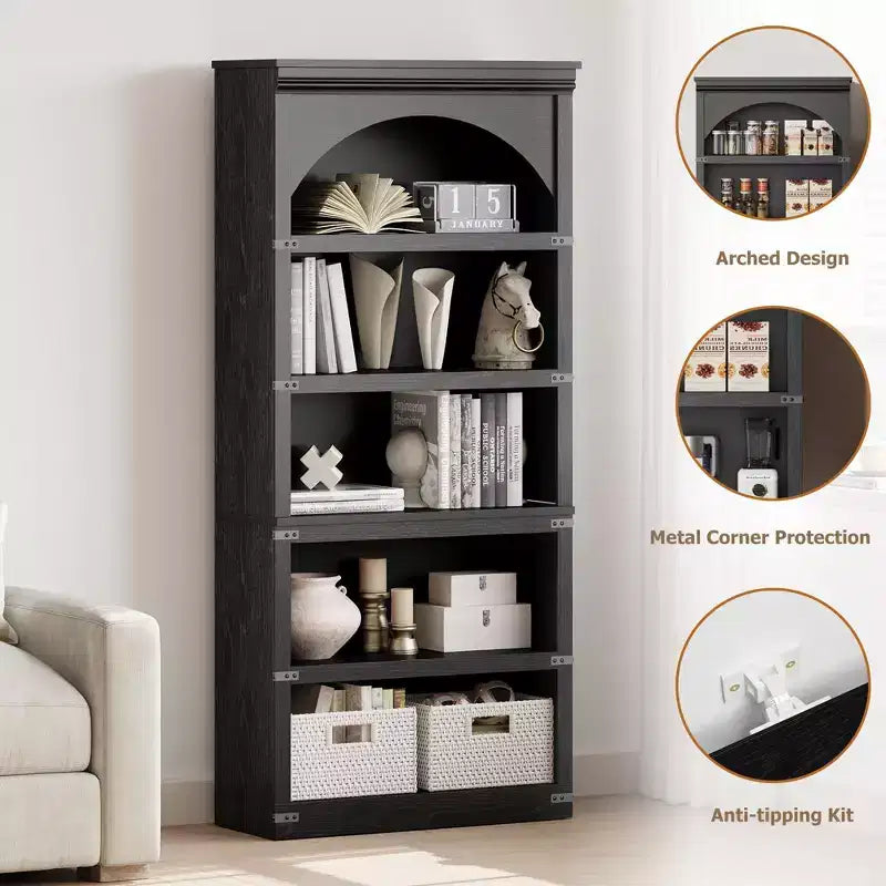 Libreria ad arco a 5 ripiani, colore nero/marrone/grigio/bianco/legno, singola, altezza 174,5 cm