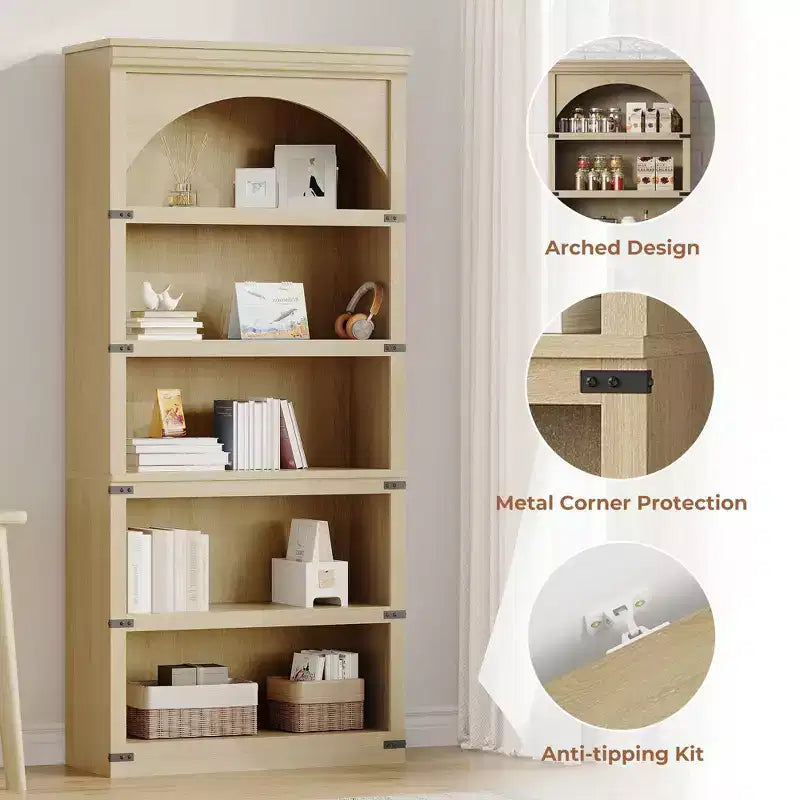 Libreria ad arco a 5 ripiani, colore nero/marrone/grigio/bianco/legno, singola, altezza 174,5 cm