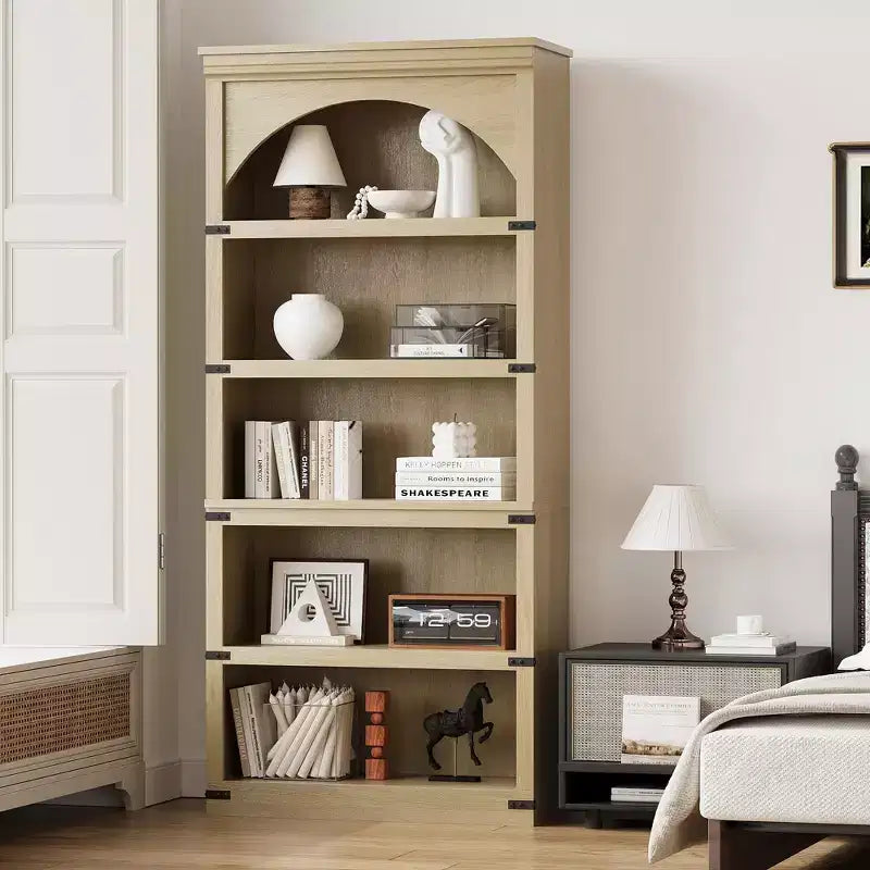Libreria ad arco a 5 ripiani, colore nero/marrone/grigio/bianco/legno, singola, altezza 174,5 cm