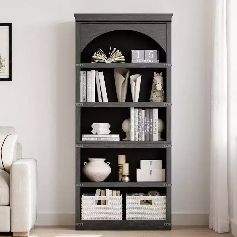 Libreria ad arco a 5 ripiani, colore nero/marrone/grigio/bianco/legno, singola, altezza 174,5 cm