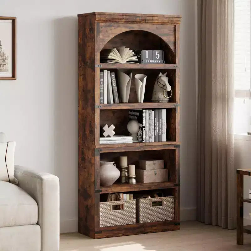 Libreria ad arco a 5 ripiani, colore nero/marrone/grigio/bianco/legno, singola, altezza 174,5 cm