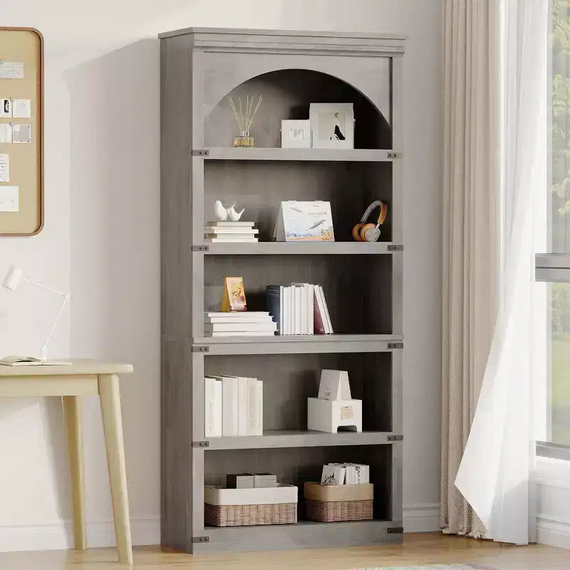Libreria ad arco a 5 ripiani, colore nero/marrone/grigio/bianco/legno, singola, altezza 174,5 cm