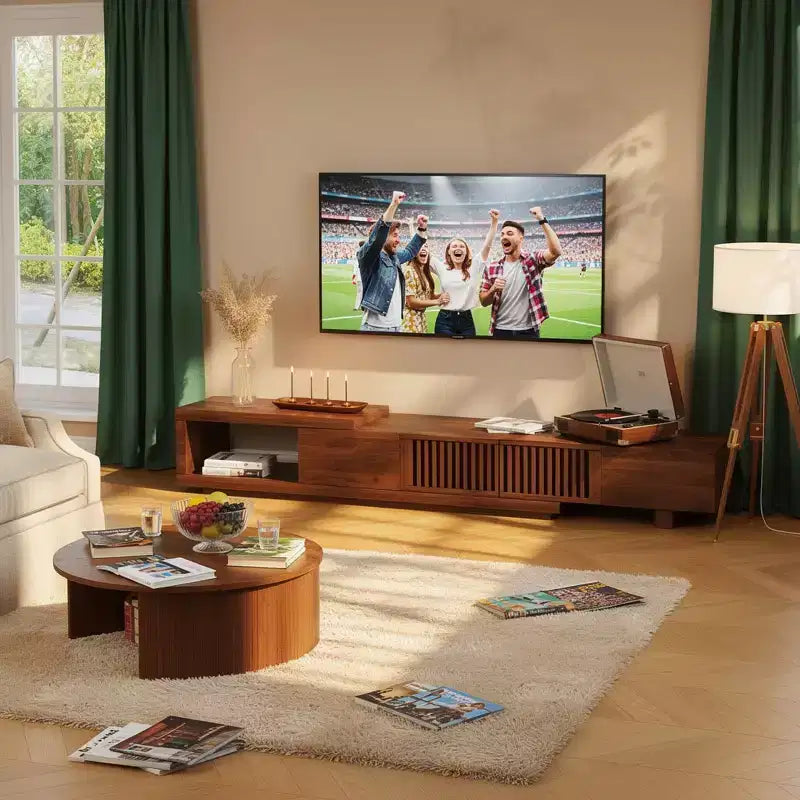 Luck Live Contemporary 78.54in expandable TV stand with 2 drawers, 2 cabinet doors, one open storage, maximum 120 inches/Walnut color&Modern.