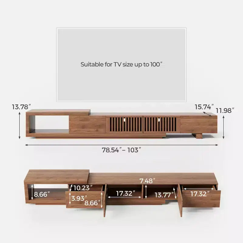 Mobile TV allungabile in noce con contenitore, adatto a TV fino a 100", assemblaggio da 1 o 2 persone