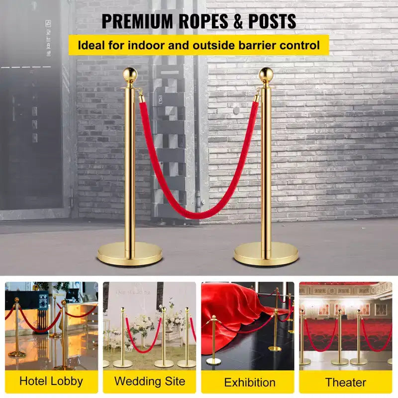 Set di paletti con cordone in velluto rosso, Oro, 4 paletti
