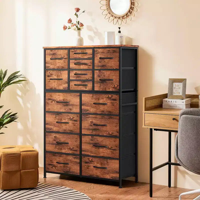 Torre contenitore in tessuto con piano in legno – Nero / Cassetti multipli / 1 persona