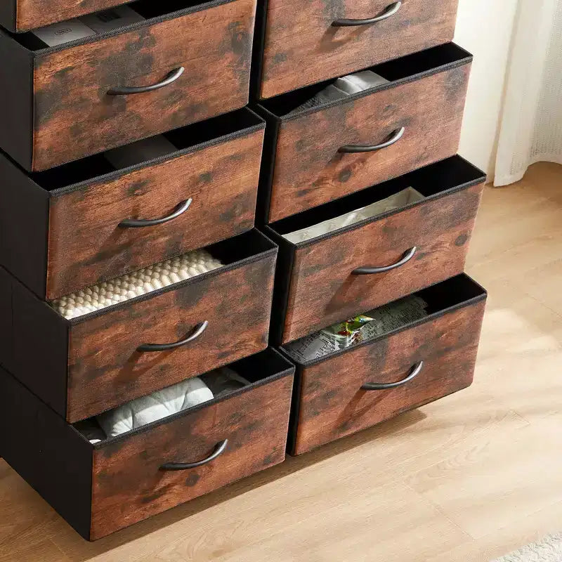 Torre contenitore in tessuto con piano in legno – Nero / Cassetti multipli / 1 persona