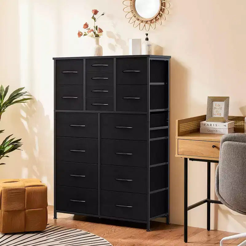 Torre contenitore in tessuto con piano in legno – Nero / Cassetti multipli / 1 persona