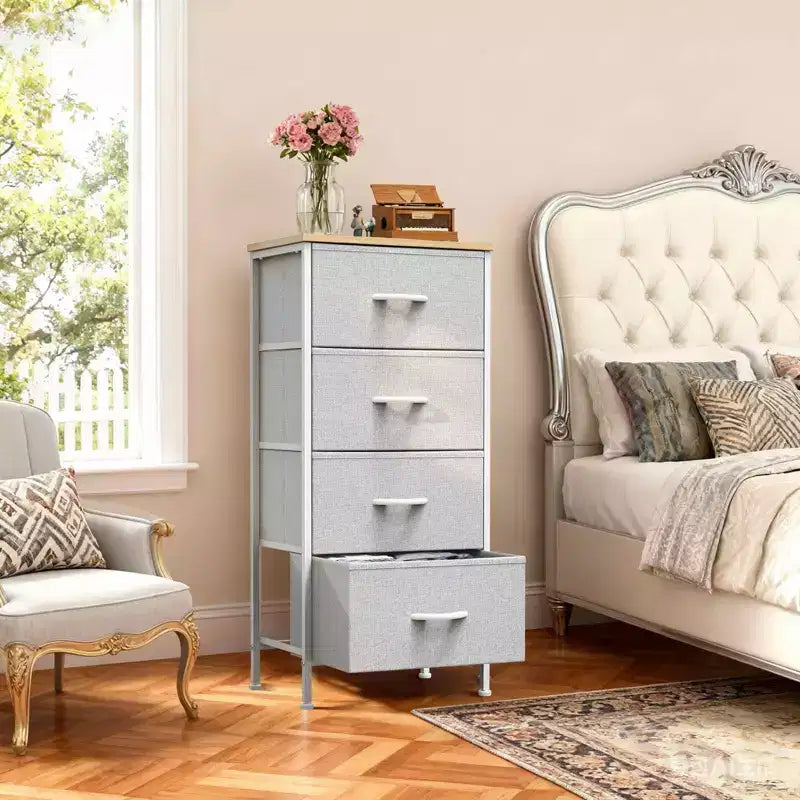 Torre contenitore in tessuto con piano in legno – Nero / Cassetti multipli / 1 persona