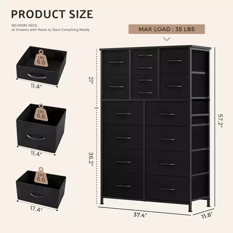 Torre contenitore in tessuto con piano in legno – Nero / Cassetti multipli / 1 persona