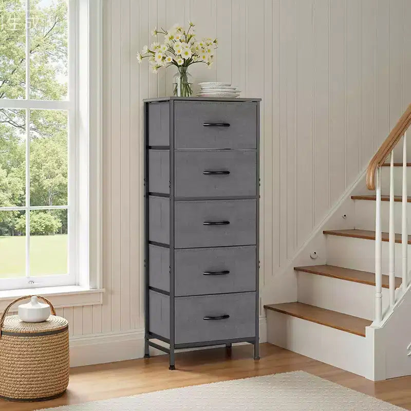 Torre contenitore in tessuto con piano in legno – Nero / Cassetti multipli / 1 persona