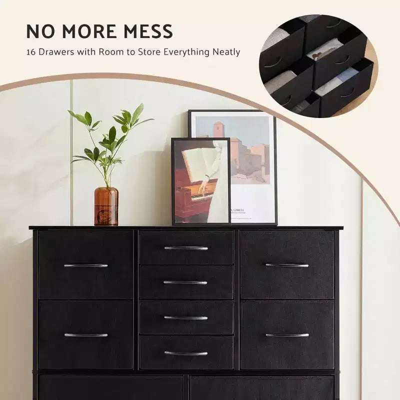 Torre contenitore in tessuto con piano in legno – Nero / Cassetti multipli / 1 persona