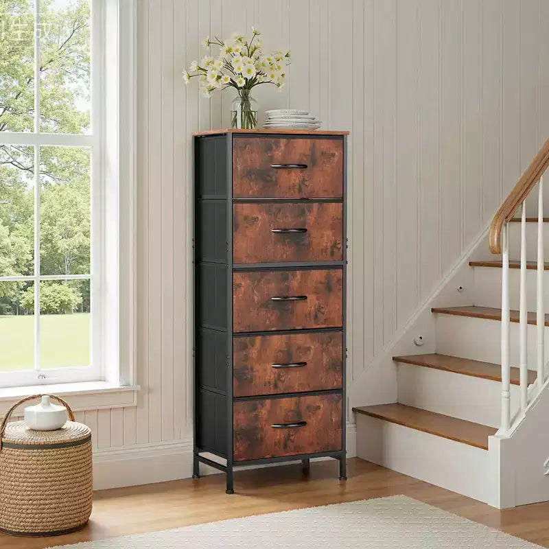Torre contenitore in tessuto con piano in legno – Nero / Cassetti multipli / 1 persona
