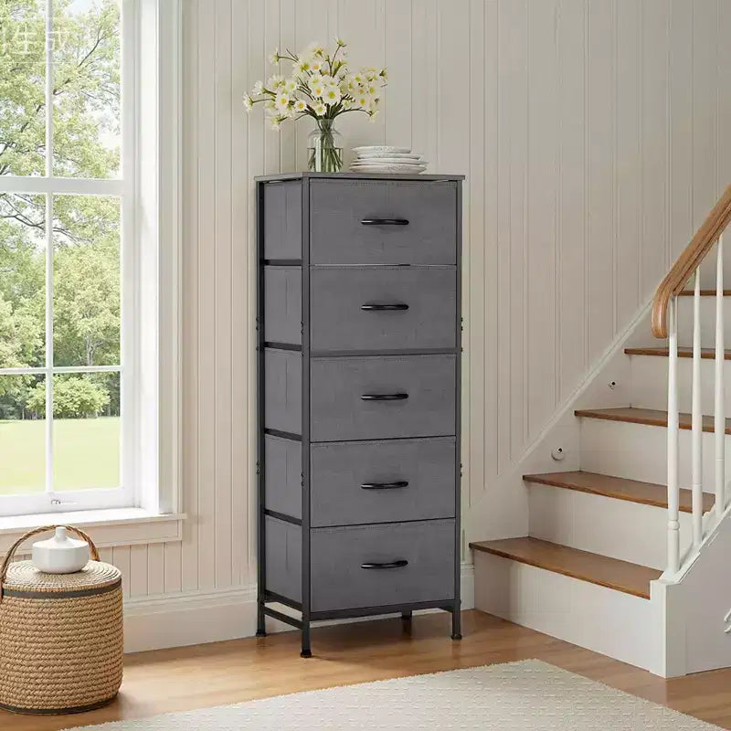 Torre contenitore in tessuto con piano in legno – Nero / Cassetti multipli / 1 persona