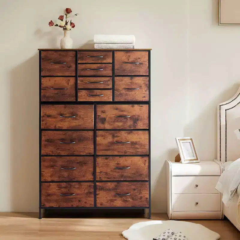 Torre contenitore in tessuto con piano in legno – Nero / Cassetti multipli / 1 persona