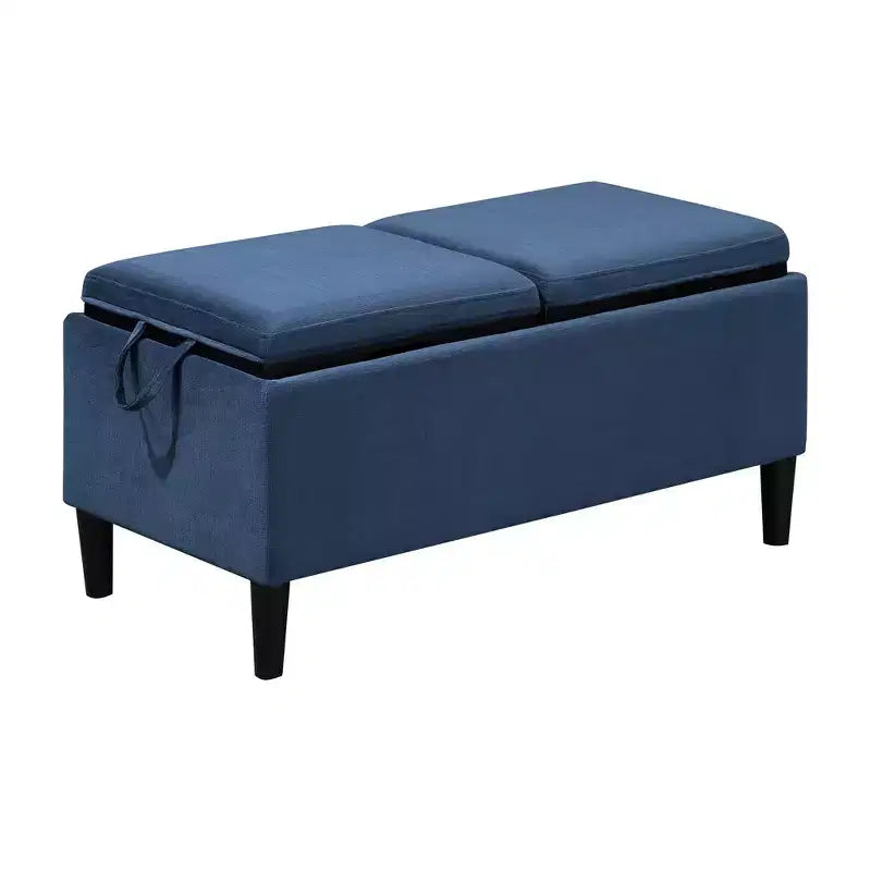 Pouf Contenitore Rotondo in Lino Blu con Vassoi, 1 Posto a Sedere