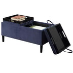 Pouf Contenitore Rotondo in Lino Blu con Vassoi, 1 Posto a Sedere