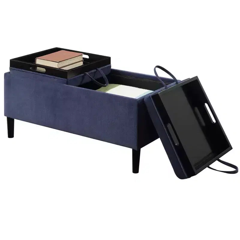 Pouf Contenitore Rotondo in Lino Blu con Vassoi, 1 Posto a Sedere