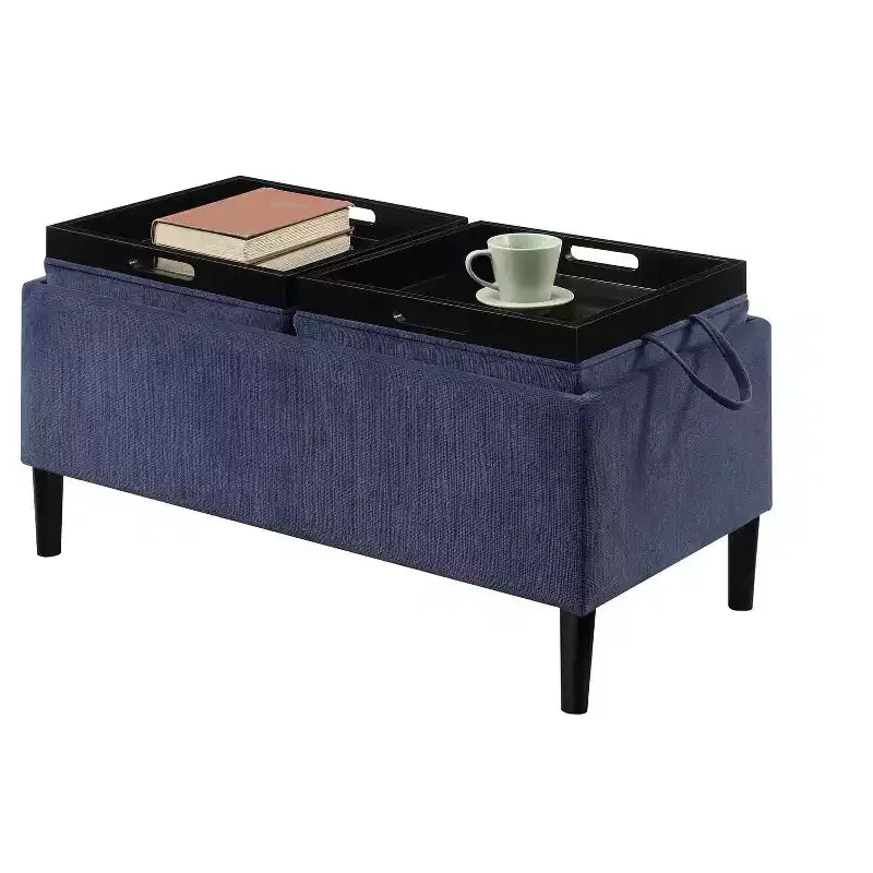 Pouf Contenitore Rotondo in Lino Blu con Vassoi, 1 Posto a Sedere